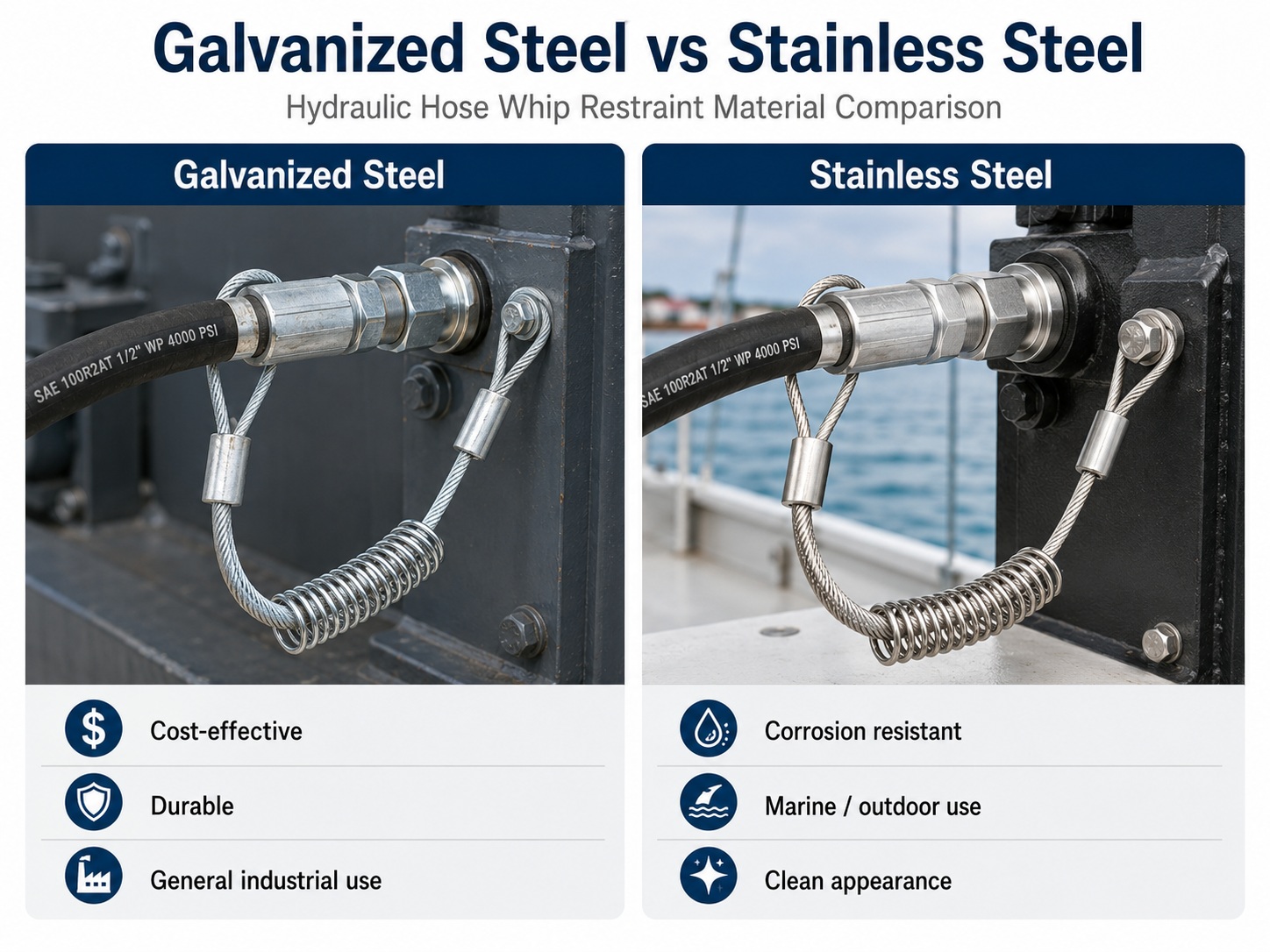 Galvanized steel and stainless steel trattenuta della frusta del tubo idraulico material comparison Galvanized steel and stainless steel trattenuta della frusta del tubo idraulico material comparison