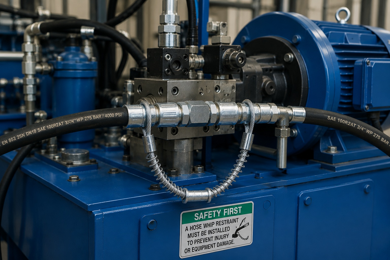 Alto pressure hose restraint installed on industrial hydraulic power unit Alto pressure hose restraint installed on industrial hydraulic power unit