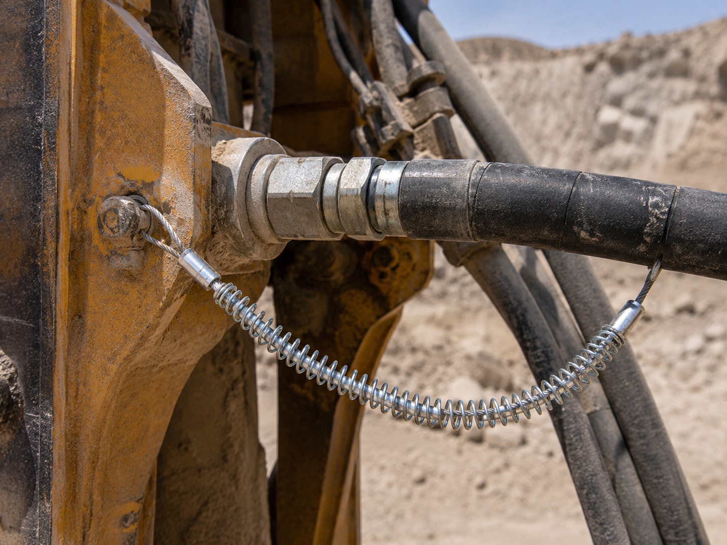 Mining trattenuta della frusta del tubo idraulico installed on heavy equipment hose connection Mining trattenuta della frusta del tubo idraulico installed on heavy equipment hose connection