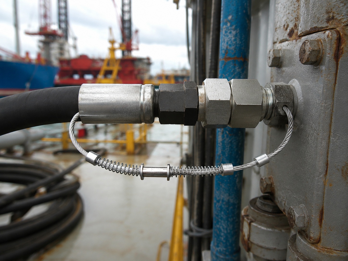 Stainless steel high pressure hose restraint for marine and offshore equipment